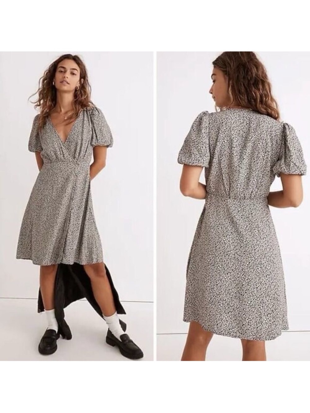 Madewell Black and White Floral V-Neck Puff Sleeve Dress